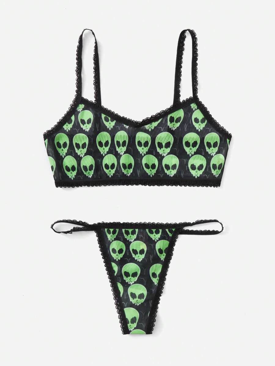 Therisingrose Alien Print Contrast Lace Lingerie Set - Multicolor - View 1