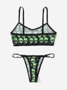 Therisingrose Alien Print Contrast Lace Lingerie Set - Multicolor - View 2