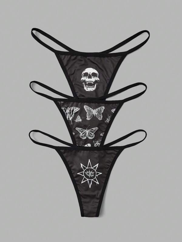Kelsey Wilson Studio Goth paquete de 3 tangas con estampado de calavera y mariposa