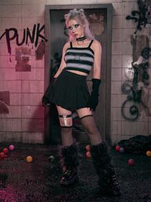 ROMWE Grunge Punk Striped Pleated Skirt - Black - View 3