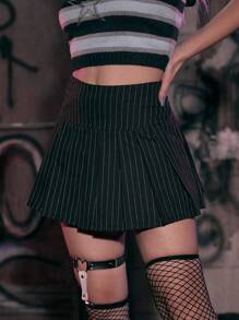 ROMWE Grunge Punk Striped Pleated Skirt - Black - View 5