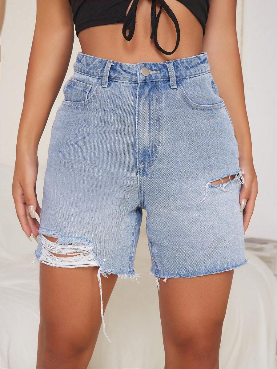 SHEIN EZwear Quần short denim nữ Túi Hem thô Bị tách màu trơn - Rửa nhẹ - Xem 1