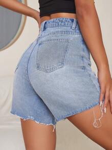 SHEIN EZwear Quần short denim nữ Túi Hem thô Bị tách màu trơn - Rửa nhẹ - Xem 2
