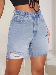 SHEIN EZwear Quần short denim nữ Túi Hem thô Bị tách màu trơn - Rửa nhẹ - Xem 5