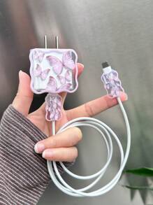 3入組蝴蝶圖案透明數據線保護頭和充電頭套套裝 - 彩色 - 查看 1