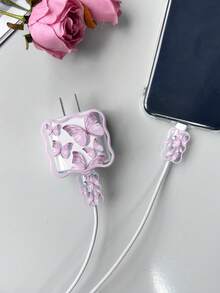 3入組蝴蝶圖案透明數據線保護頭和充電頭套套裝 - 彩色 - 查看 3