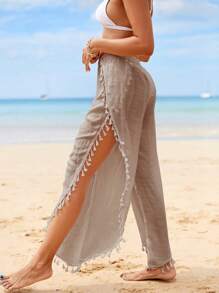 SHEIN Swim Summer Beach Tassel Trim Split Thigh Cover Up Pants - Khaki - View 1