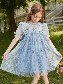 Vestido De Superposición De Malla Con Apliques De Mariposa Y Borde De Volantes Para Niñas Preadolescentes - Azul - Ver 1