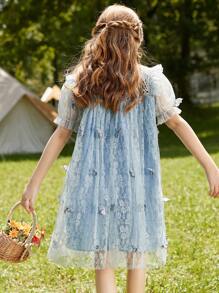 Vestido De Superposición De Malla Con Apliques De Mariposa Y Borde De Volantes Para Niñas Preadolescentes - Azul - Ver 2