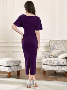 Modelyn Đầm Xù Chia màu trơn Thanh lịch - Màu tím - Xem 2