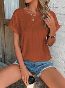 SHEIN LUNE Eyelet Embroidery Batwing Sleeve Tee - Rust Brown - View 1