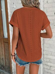 SHEIN LUNE Eyelet Embroidery Batwing Sleeve Tee - Rust Brown - View 2