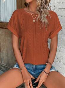 SHEIN LUNE Eyelet Embroidery Batwing Sleeve Tee - Rust Brown - View 3