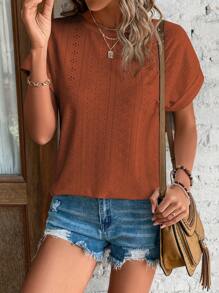 SHEIN LUNE Eyelet Embroidery Batwing Sleeve Tee - Rust Brown - View 6