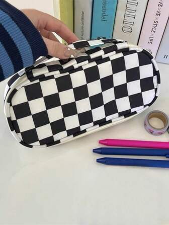 1 件格子图案文具袋，简约多用途笔袋，适用于学生文具收纳