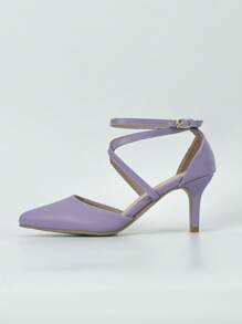Fashion Purple Pumps For Women, Buckle Decor Point Toe Stiletto Heeled Ankle Strap Pumps - Purple - View 3