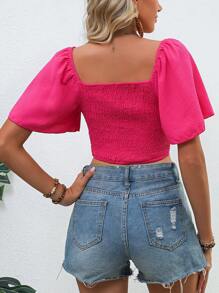 Breezaya Butterfly Sleeve Surplice Neck Crop Blouse - Hot Pink - View 2
