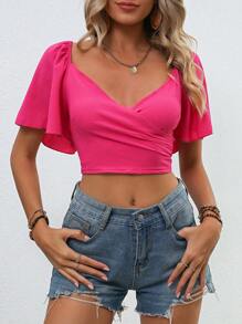 Breezaya Butterfly Sleeve Surplice Neck Crop Blouse - Hot Pink - View 5