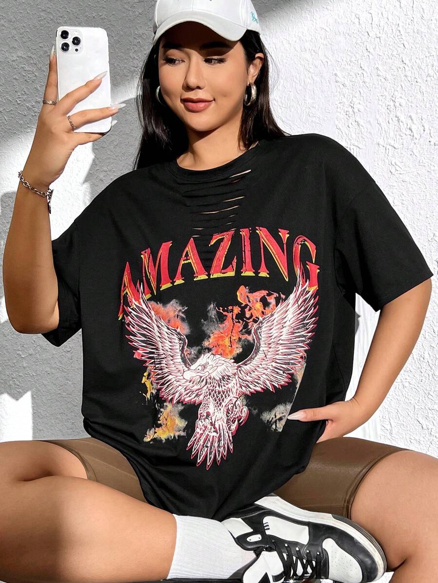 SHEIN Coolane Áo thun Plus size Bị tách Thú vật Lá thư Giải trí - màu đen - Xem 1