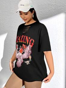 SHEIN Coolane Áo thun Plus size Bị tách Thú vật Lá thư Giải trí - màu đen - Xem 3