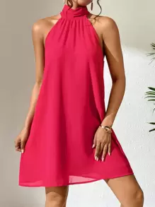 SHEIN VCAY Solid Halter Neck Tie Back Chiffon Dress - Watermelon Pink - View 1