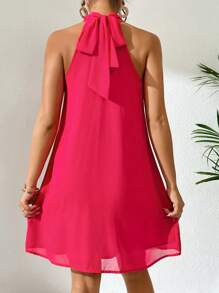 SHEIN VCAY Solid Halter Neck Tie Back Chiffon Dress - Watermelon Pink - View 2