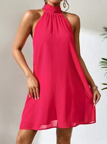 SHEIN VCAY Solid Halter Neck Tie Back Chiffon Dress - Watermelon Pink - View 3