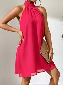 SHEIN VCAY Solid Halter Neck Tie Back Chiffon Dress - Watermelon Pink - View 4