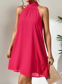 SHEIN VCAY Solid Halter Neck Tie Back Chiffon Dress - Watermelon Pink - View 5