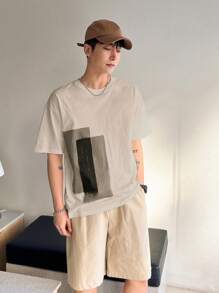 DAZY Men Cotton Colourblock Drop Shoulder Tee - Khaki - View 4