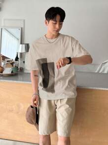 DAZY Men Cotton Colourblock Drop Shoulder Tee - Khaki - View 5