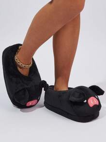 女士卡通小猪拖鞋，包头，保暖室内拖鞋，适合秋冬季 - 黑色 - 查看 4
