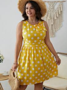 SHEIN VCAY Plus Polka Dot Print Bow Front Dress - Yellow - View 3