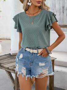 SHEIN VCAY Solid Butterfly Sleeve Tee - Green - View 1
