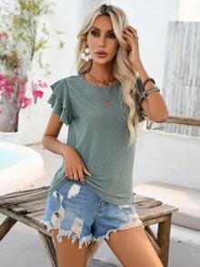 SHEIN VCAY Solid Butterfly Sleeve Tee - Green - View 4