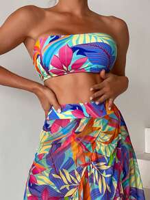 熱帶印花無肩帶夏日海灘比基尼套裝配海灘裙 - 彩色 - 查看 4
