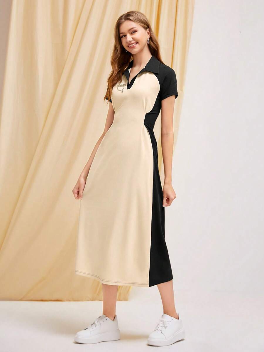 Mulvari 撞色插肩袖金屬裝飾T恤洋裝 - 彩色 - 查看 1