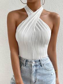 RosyDaze Solid Criss Cross Halter Bodysuit - White - View 3