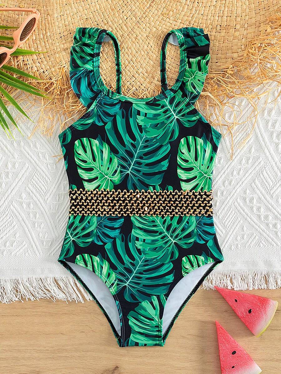 小女童1入組熱帶圖案荷葉邊連體泳衣 - 彩色 - 查看 1