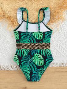 小女童1入組熱帶圖案荷葉邊連體泳衣 - 彩色 - 查看 2