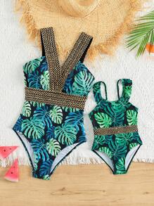 小女童1入組熱帶圖案荷葉邊連體泳衣 - 彩色 - 查看 3