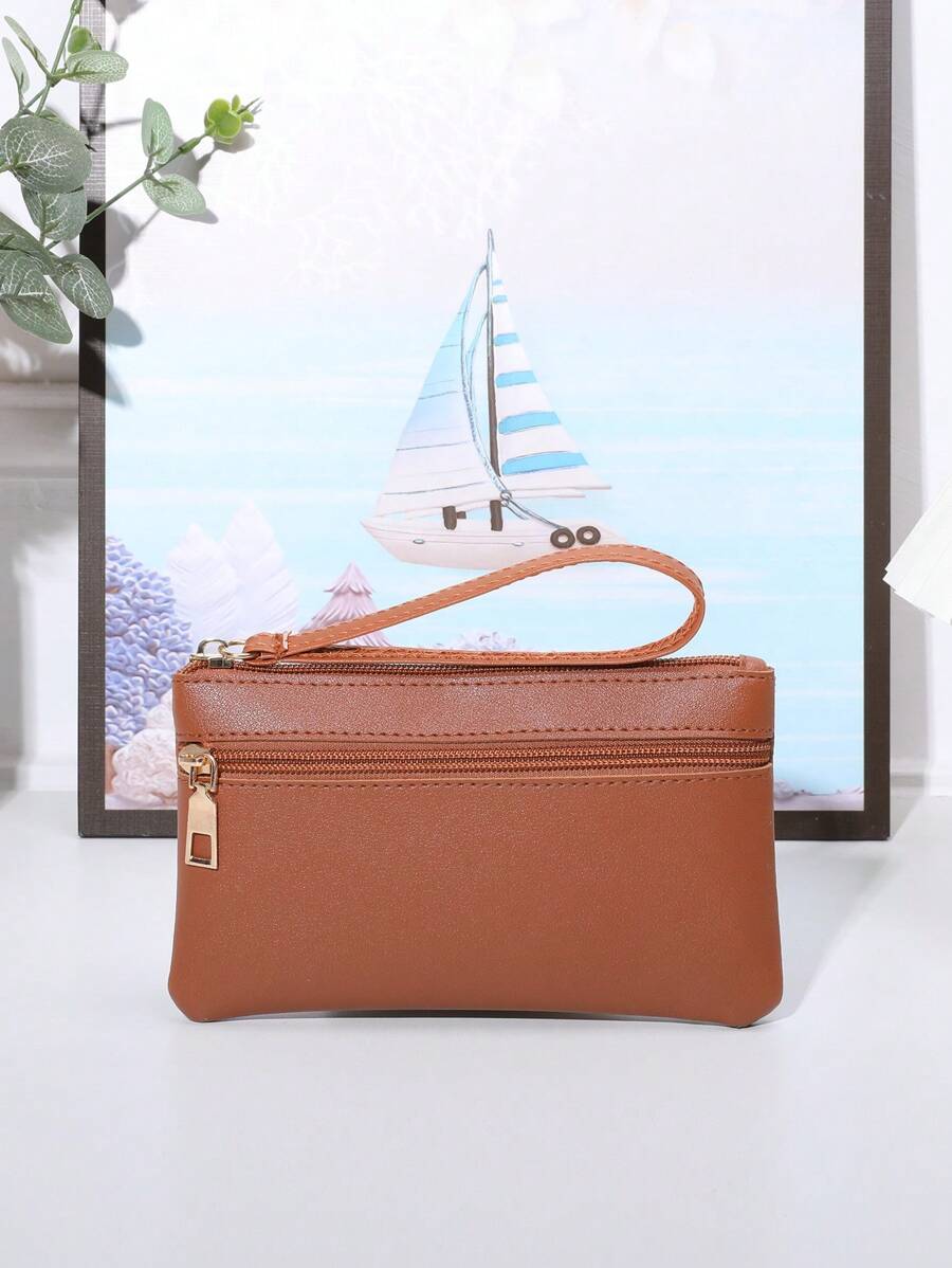 简约手机钱包 拉链 棕色 女士钱包 钱夹 钱包 - 棕色 - 查看 1