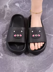 Sandalias con decoración de oso para mujer, sandalias de plástico negro con una sola tira, atuendos de playa, pantuflas para mujer - Negro - Ver 5