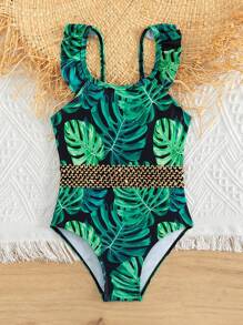 小女童1入組熱帶圖案荷葉邊連體泳衣 - 彩色 - 查看 6
