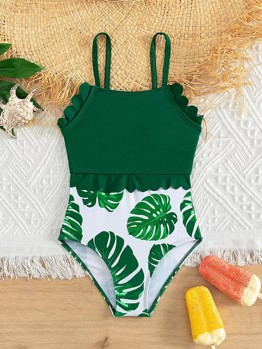 Young Girl Tropical Print Ruffle Trim Cami One Piece Swimsuit - Multicolor - View 1