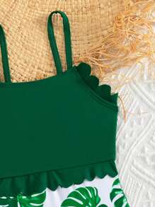 Young Girl Tropical Print Ruffle Trim Cami One Piece Swimsuit - Multicolor - View 4