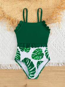 Young Girl Tropical Print Ruffle Trim Cami One Piece Swimsuit - Multicolor - View 5