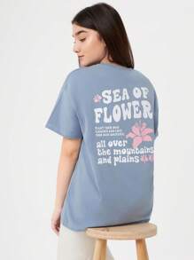 RueChic Teen Girls Slogan Graphic Drop Shoulder Tee - Dusty Blue - View 1