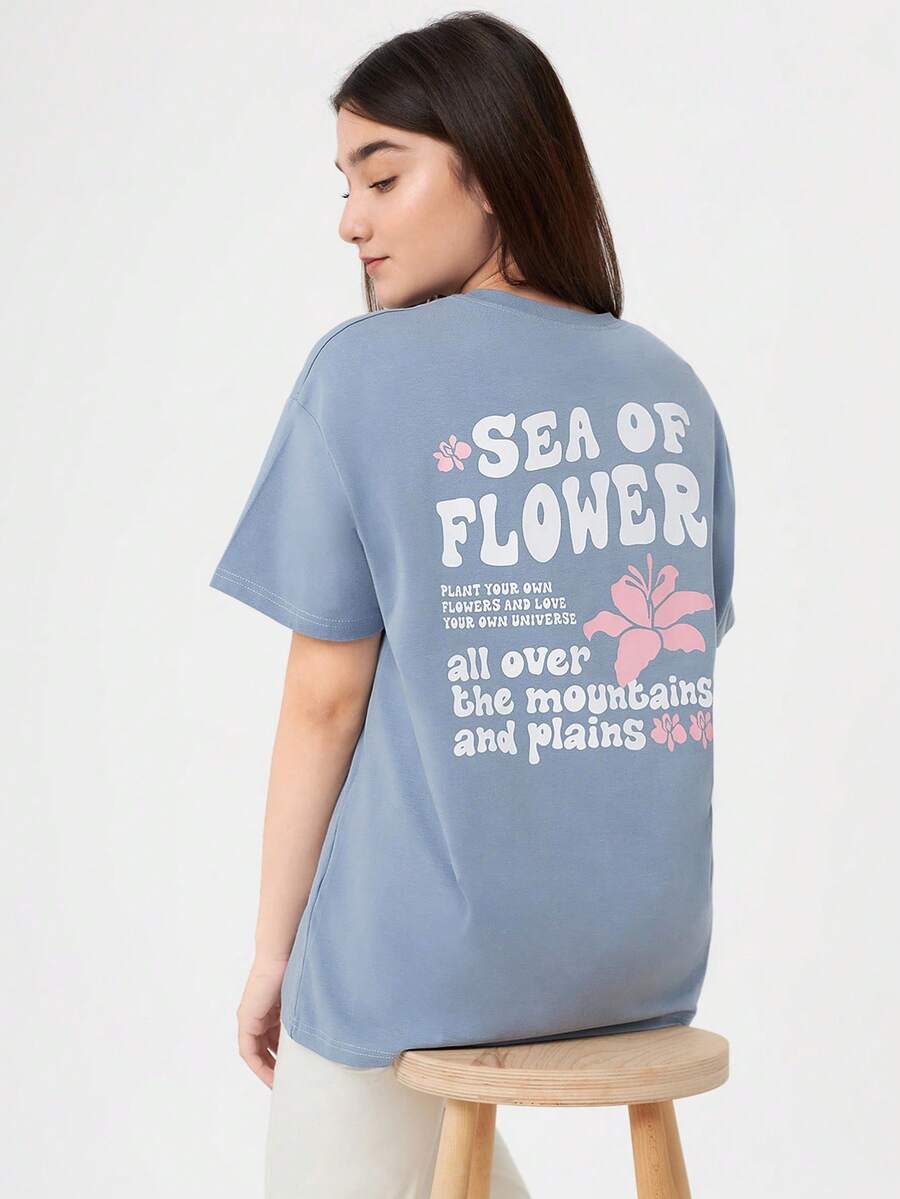 RueChic Teen Girls Slogan Graphic Drop Shoulder Tee - Dusty Blue - View 1