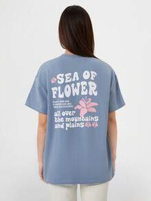 RueChic Teen Girls Slogan Graphic Drop Shoulder Tee - Dusty Blue - View 2